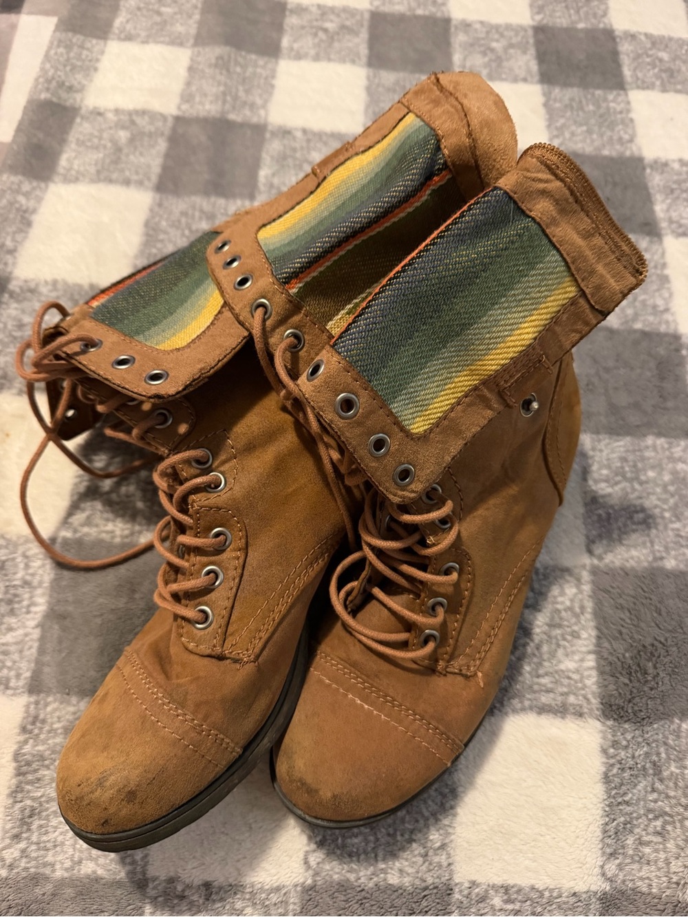 BONGO Tan Espadrille-Inspired Lace-Up Women's Boots with Striped Canvas Cuff